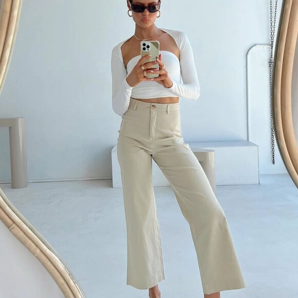 Princess Polly High Waisted Wide Leg Carter Pants Beige Size 2 - Picture 3 of 10